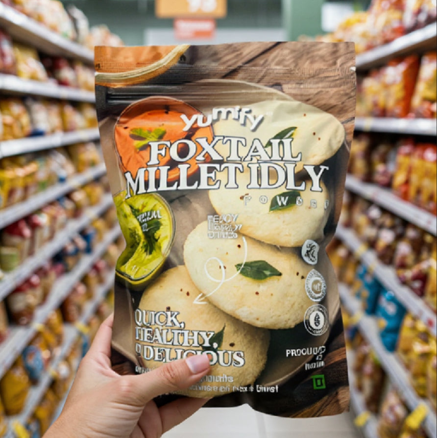 Yumify Foxtail Millet Idly Instant Mix pack with a plate of soft, fluffy millet idlis served with chutney and sambar, healthy and easy to prepare.