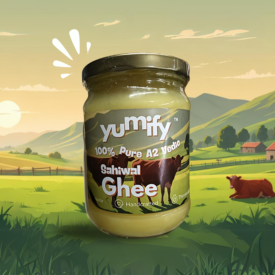 Yumify A2 Sahiwal Ghee in a glass jar, pure bilona churned ghee made from Sahiwal cow milk, perfect for healthy cooking and wellness.