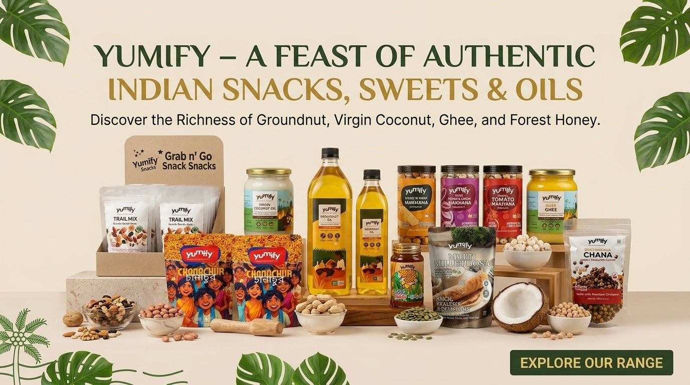 Yumify premium healthy food products including roasted makhana, roasted chana, A2 Sahiwal Bilona ghee, natural honey, cold-pressed oils, millet foods, and refreshing beverages.