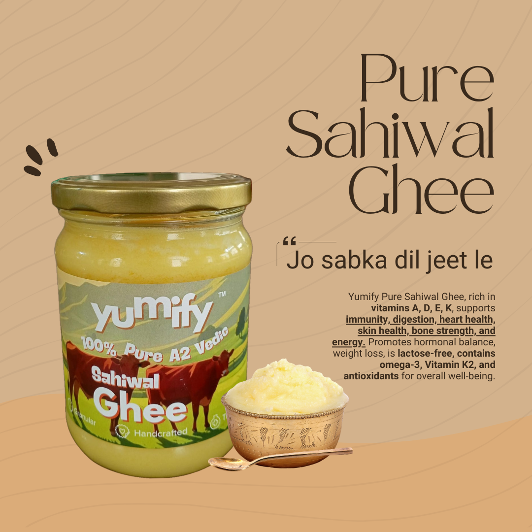 Yumify A2 Sahiwal Ghee — pure, golden, bilona-churned ghee in a glass jar, rich aroma and texture that wins every heart.