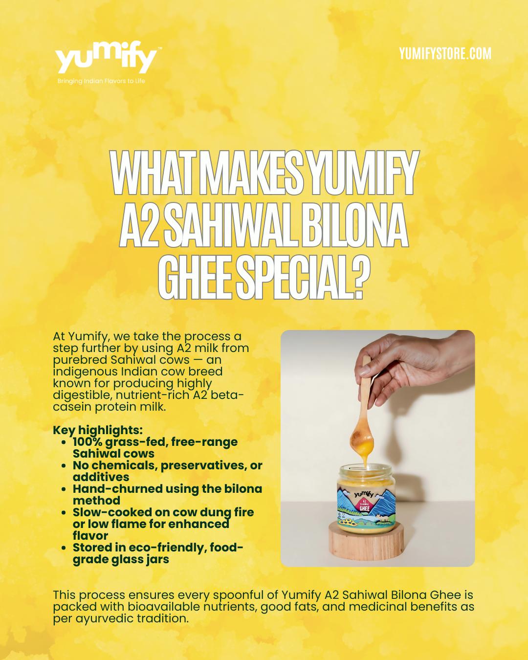 Yumify A2 Sahiwal Ghee – Pure, natural, farm-fresh ghee made from the milk of indigenous Sahiwal cows. Rich aroma, golden texture, and packed with essential nutrients for a healthy lifestyle.