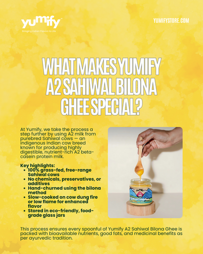 Yumify A2 Sahiwal Ghee – Pure, natural, farm-fresh ghee made from the milk of indigenous Sahiwal cows. Rich aroma, golden texture, and packed with essential nutrients for a healthy lifestyle.