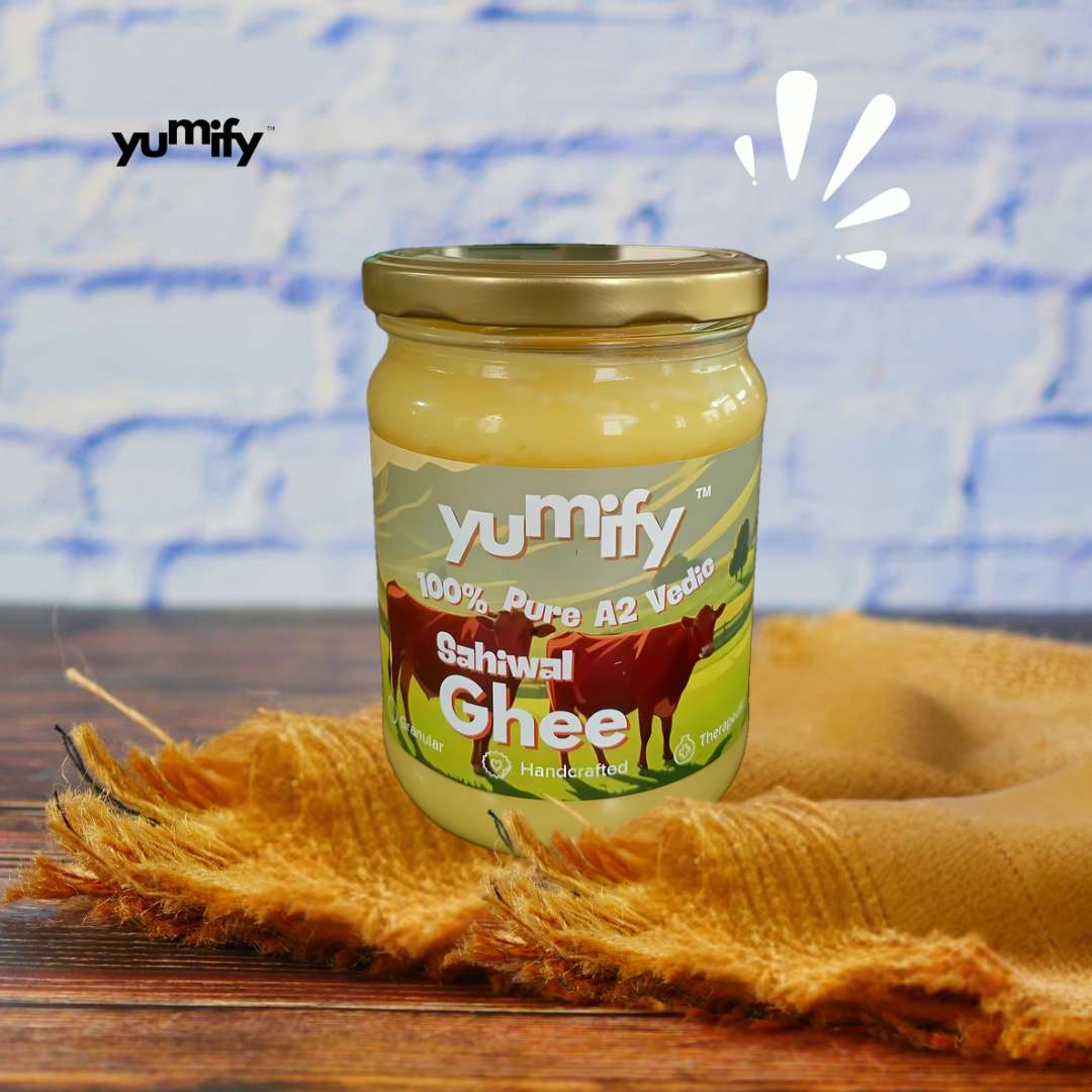 Yumify A2 Sahiwal Ghee labeled as the best, showcasing premium packaging, golden texture, and purity for healthy living.