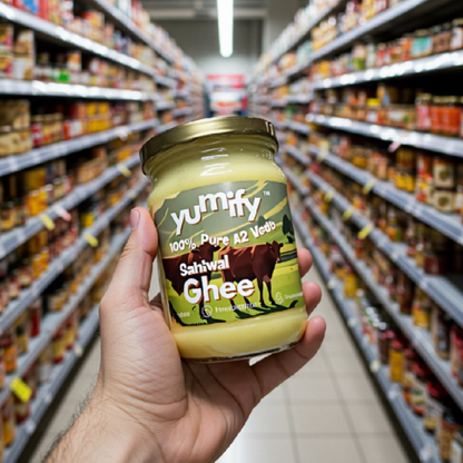 Yumify A2 Sahiwal Ghee displayed on retail store shelves, premium packaging attracting health-conscious shoppers.
